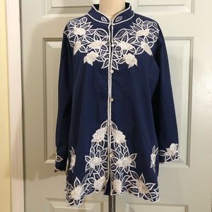 Vintage NEW Floral Embroidered Top Blue White Size XL